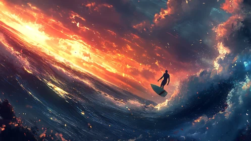 Surfer rides colossal wave beneath blazing cosmic sunset.