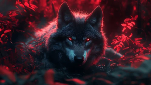 Midnight forest wolf resting in a glow of vivid red light.