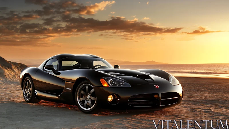 Black sports coupe rendered in glossy sunset photorealism