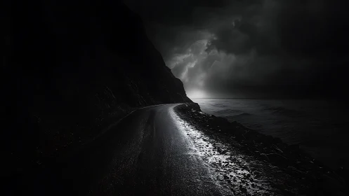 Coastal road curves into storm-lit horizon under dense clouds