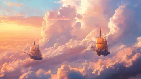 Sunlit sky galleons drifting through rose-gold cloud oceans.