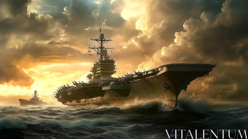 Storm-lit aircraft carrier advances through turbulent ocean swells