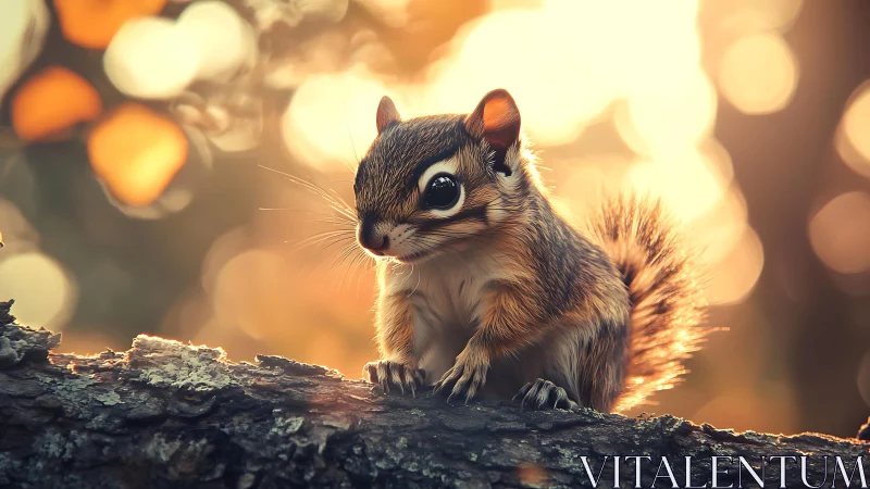 Small squirrel on tree branch in soft defocused light.