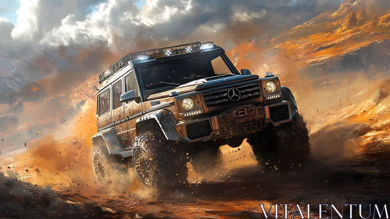 Off-road Mercedes G-Class in high-velocity desert traversal.