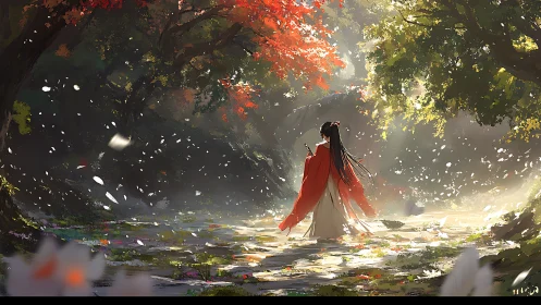Figure in red robe standing in sunlit forest clearing.
