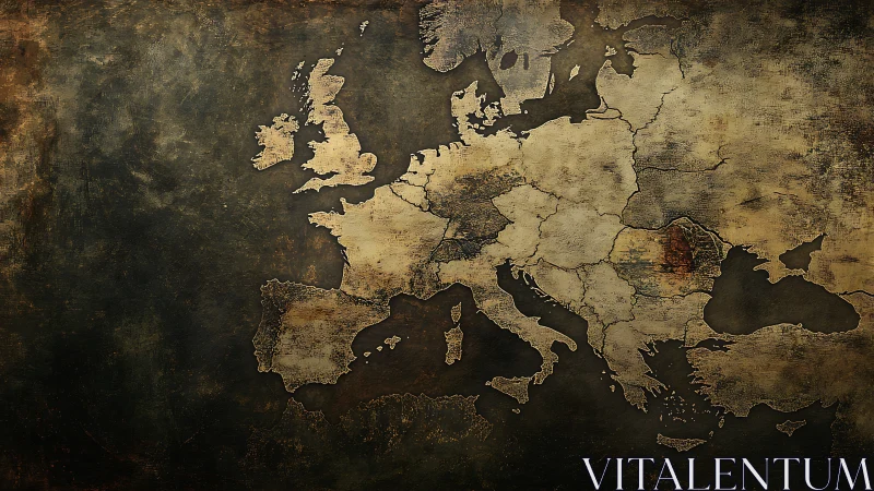 Weathered antique map of Europe on distressed canvas surface.