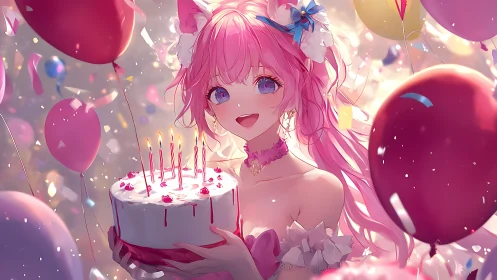 Festive Portrait: Anime Character with Birthday Cake and Balloons.