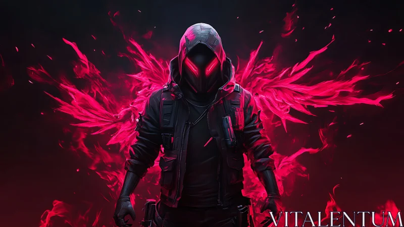 Crimson phantom stalks through neon flame with spectral wings.