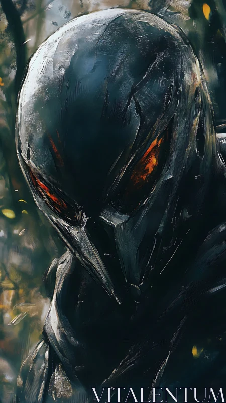 Shadowed alien warrior leans forward with burning orange eyes