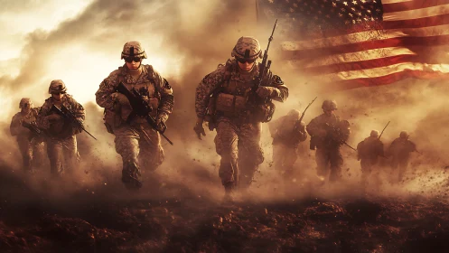 Combat soldiers charge through dust under US flag at dusk.