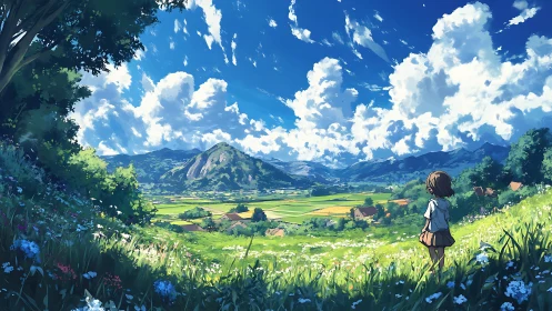 Child surveys sunlit valley under towering summer clouds.