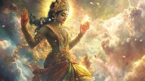 Radiant celestial deity drifts through glowing, clouded sky.