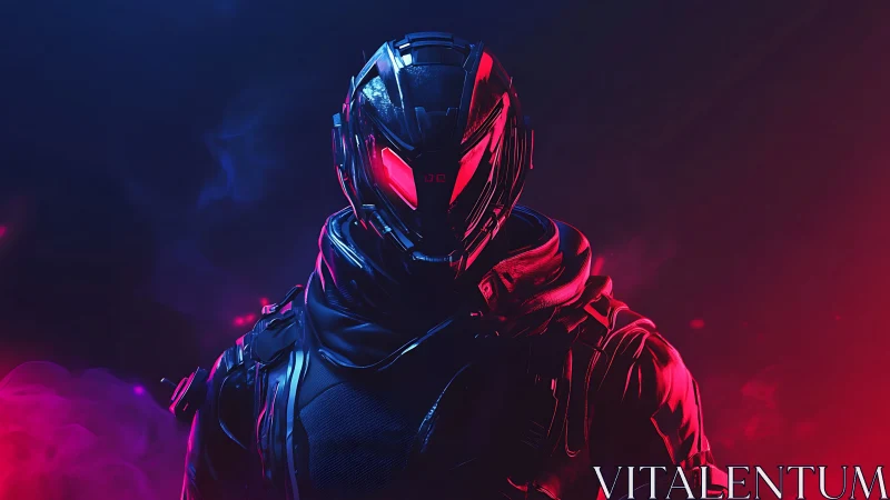 Neon armored sentinel stands bold in glowing cyber night