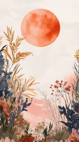 Crimson moon hums quietly above a painted autumn thicket