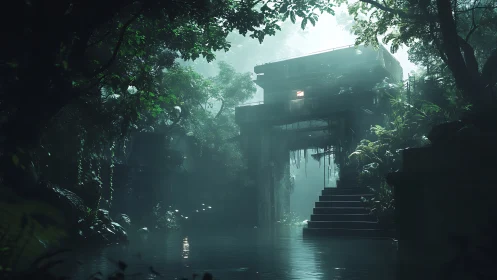 Overgrown concrete gatehouse stands above reflective water