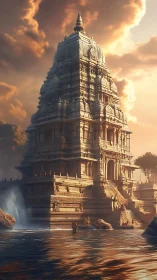 Stone riverside temple tower rises under dramatic sunset sky