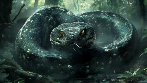 Emerald jungle python coils in misty, backlit forest floor