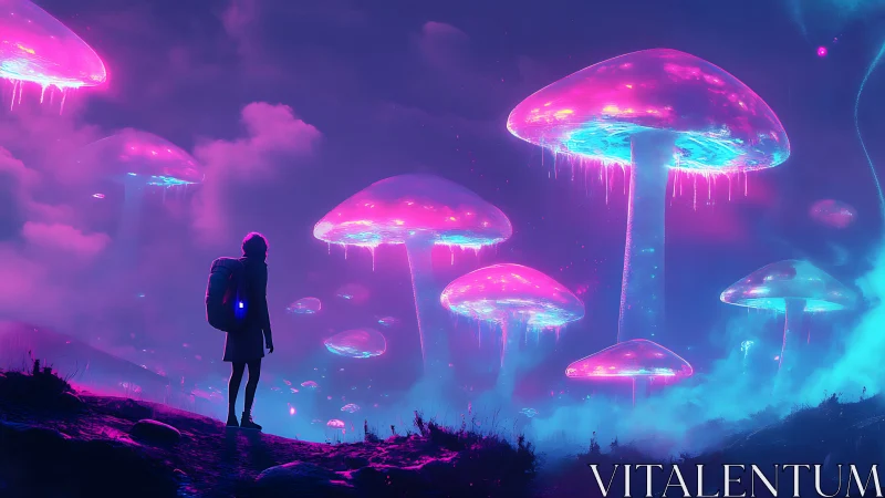 Traveler observes glowing neon mushrooms in misty alien valley