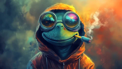 Cool frog in glowing hoodie enjoys a dreamy neon sunset