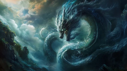 Stormforged sky serpent coils above roaring emerald seas.