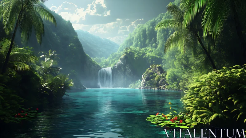 Tropical waterfall lagoon under luminous jungle canopy.