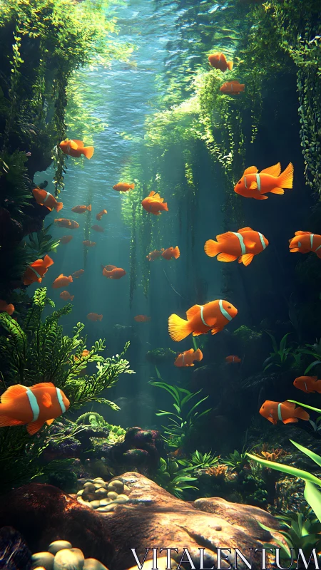 Sunlit clownfish glide gently through a lush underwater garden