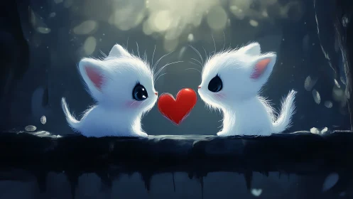 Two White Kittens Holding Red Heart Together.