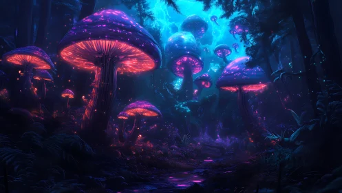 Glowing bioluminescent mushrooms in a dark alien forest.