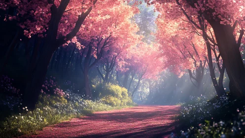 Luminous Cherry Blossom Path Through Enchanted Forest.
