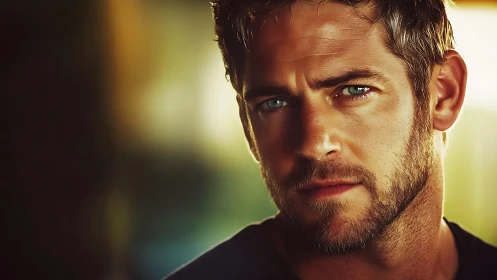 Warm light on thoughtful bearded man with vivid green eyes.