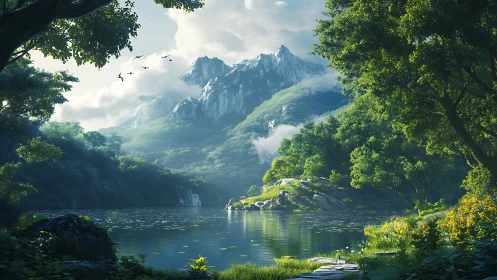 Sunlit mountain lake nestles in a tranquil emerald forest