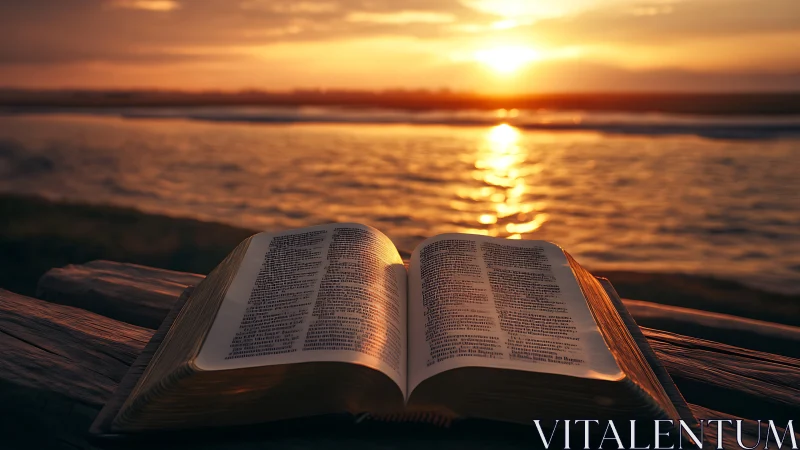 Sunlit scripture resting by the glowing shoreline hush.