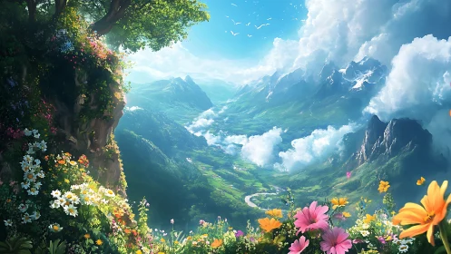 Luminous alpine valley with wildflower foreground and clouds.