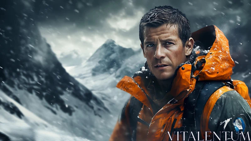 Storm-hardened mountaineer holds his ground in blizzard peaks.