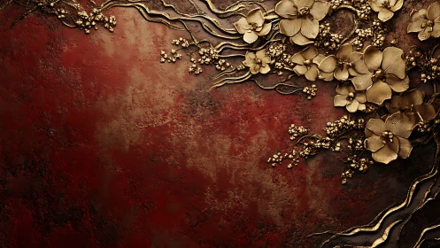 Gilded blossoms drifting across a crimson textured dusk.