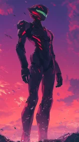 Armored sci fi figure against vivid magenta sky.