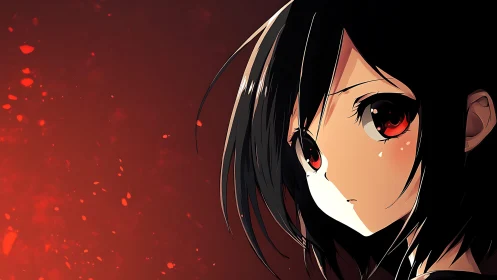 Girl with dark hair stares sideways against red backdrop