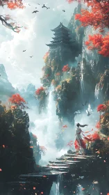 Autumn cliff sanctuary with robed figure and cascading falls.