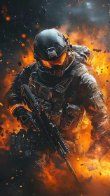 Armored futuristic soldier charging through fiery blast.