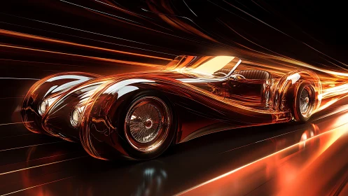 Streamlined copper roadster racing through glowing light trails.
