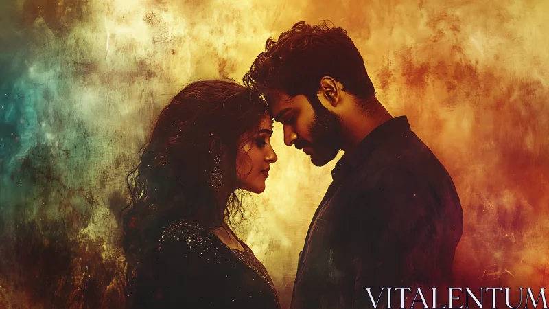 Two figures in intimate proximity with dramatic warm lighting