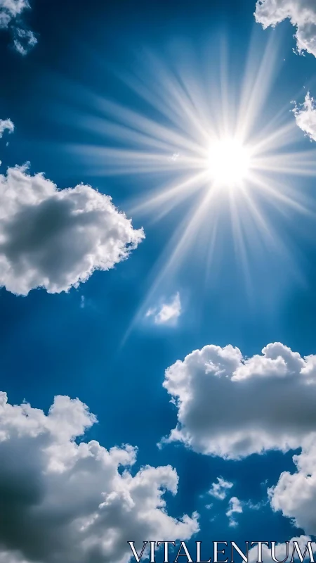 Photorealistic midday sunburst with cumulus cloud framing.