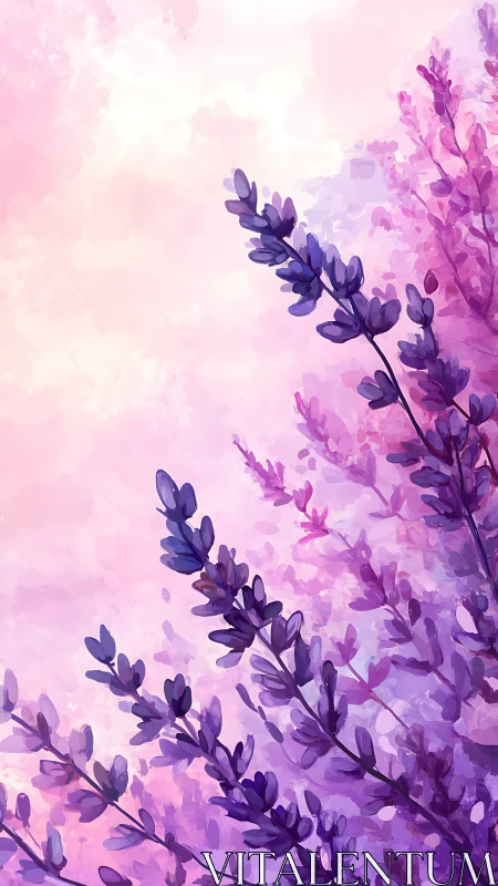 Purple Lavender Field Watercolor. Abstract floral landscape rendered through translucent washes and 