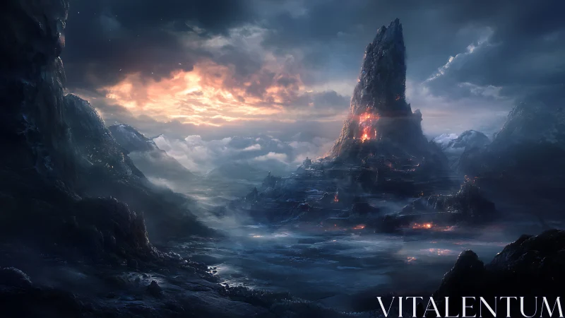 Dark volcanic spire in misty mountainous landscape at dusk.