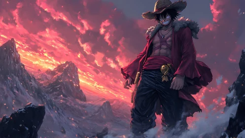 Straw‑hatted fighter on snowy ridge under blazing crimson sky