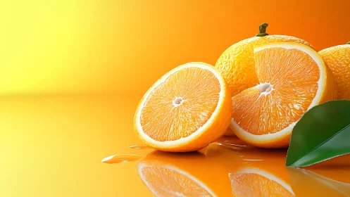 Orange halves rest on reflective surface under gradient light