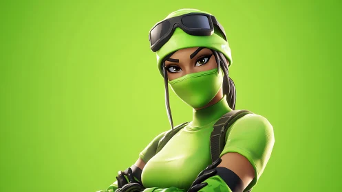 Green masked female game character in tactical outfit.