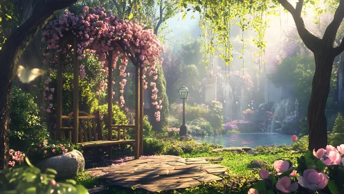 Blossom-draped garden bench beside a dream-bright waterfall pond.