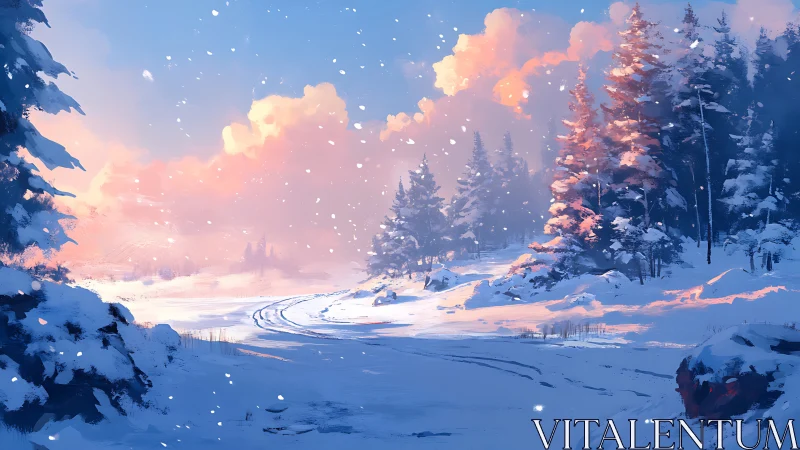 Snowlit pines lean into sunrise while quiet tracks wander