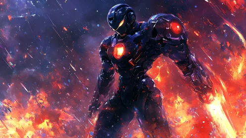 Armored mech warrior strides through blazing battlefield inferno